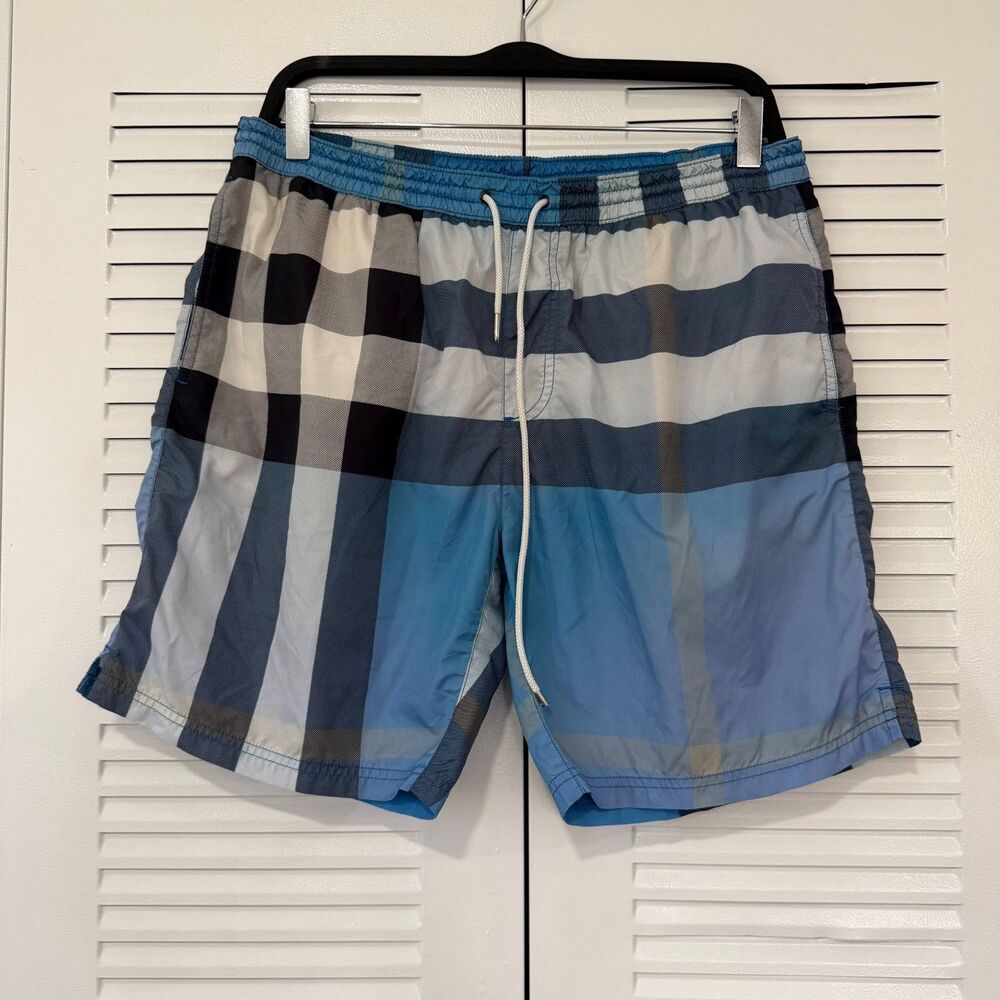 Burberry Brit Men’s M Blue Check Swim Trunks Shorts Plaid Drawstring Lined